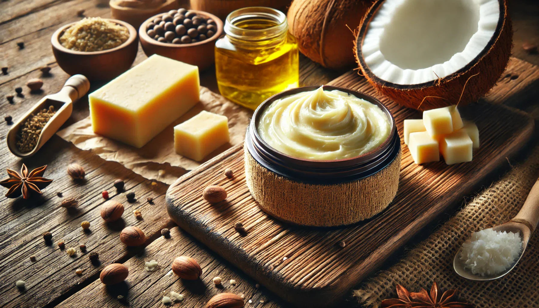 a table filled with natural edible skincare ingredients in their unrefined forms plus an edible natural skincare product