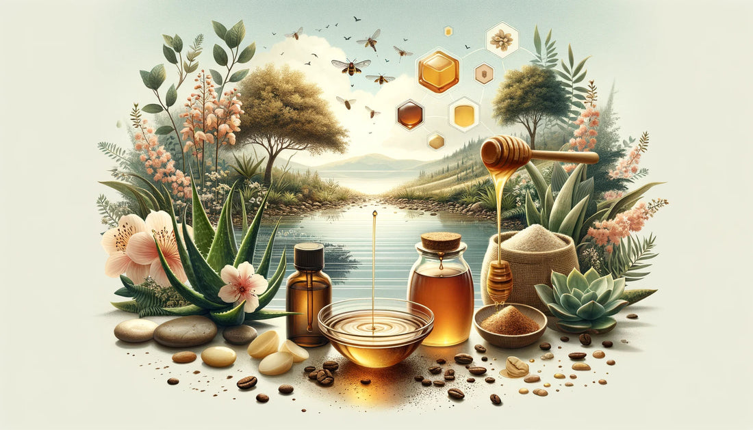 Serene natural landscape integrating DIY skincare elements like aloe vera, honey, and coffee grounds, highlighting the connection between nature and skincare.
