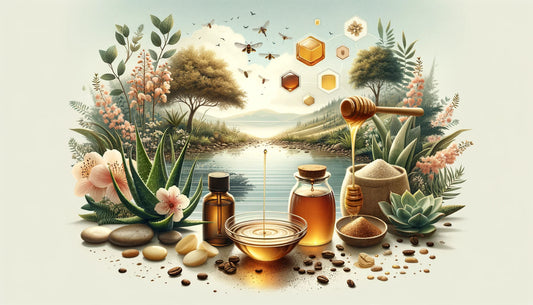 Serene natural landscape integrating DIY skincare elements like aloe vera, honey, and coffee grounds, highlighting the connection between nature and skincare.