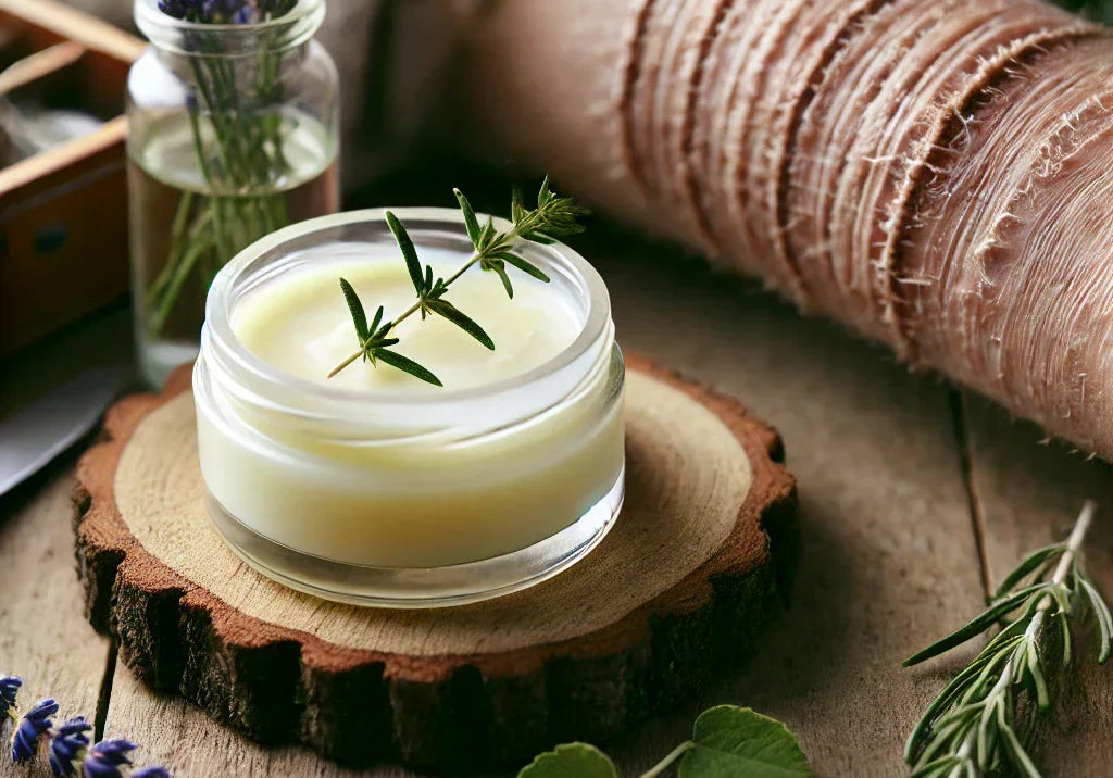 Glass jar of natural tallow balm surrounded by healing herbs with a subtle before and after scar healing on a forearm in the background.