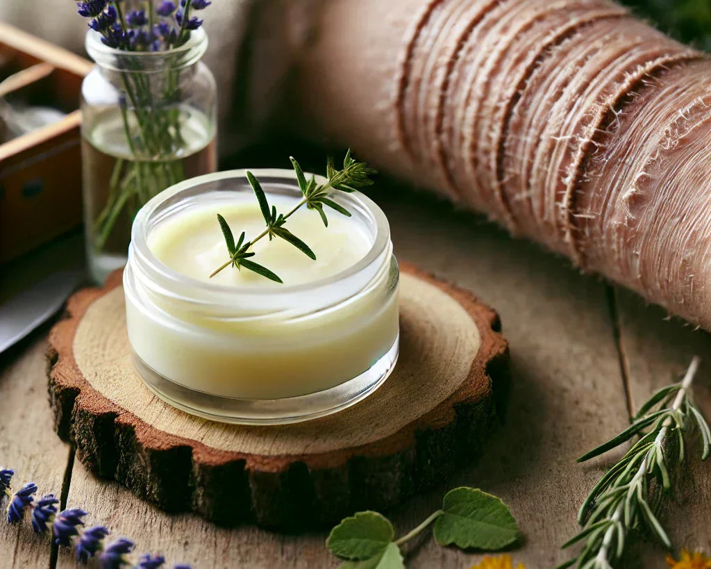 Glass jar of natural tallow balm surrounded by healing herbs with a subtle before and after scar healing on a forearm in the background.