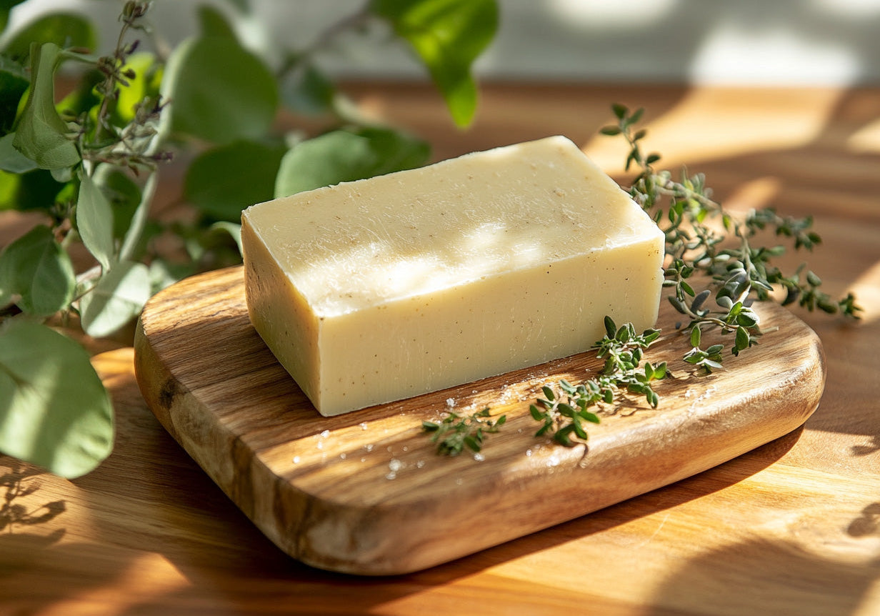 Luxurious handmade grass-fed tallow soap bar resting on a wooden tray surrounded by greenery, promoting natural anti-aging benefits.