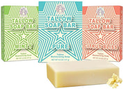 Three boxes of Tallow Soap Bar with different scents and a bar of soap in front.