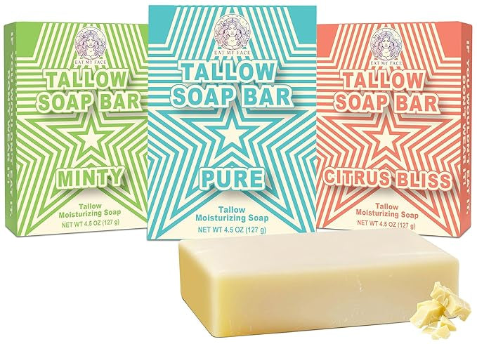 Three boxes of Tallow Soap Bar with different scents and a bar of soap in front.
