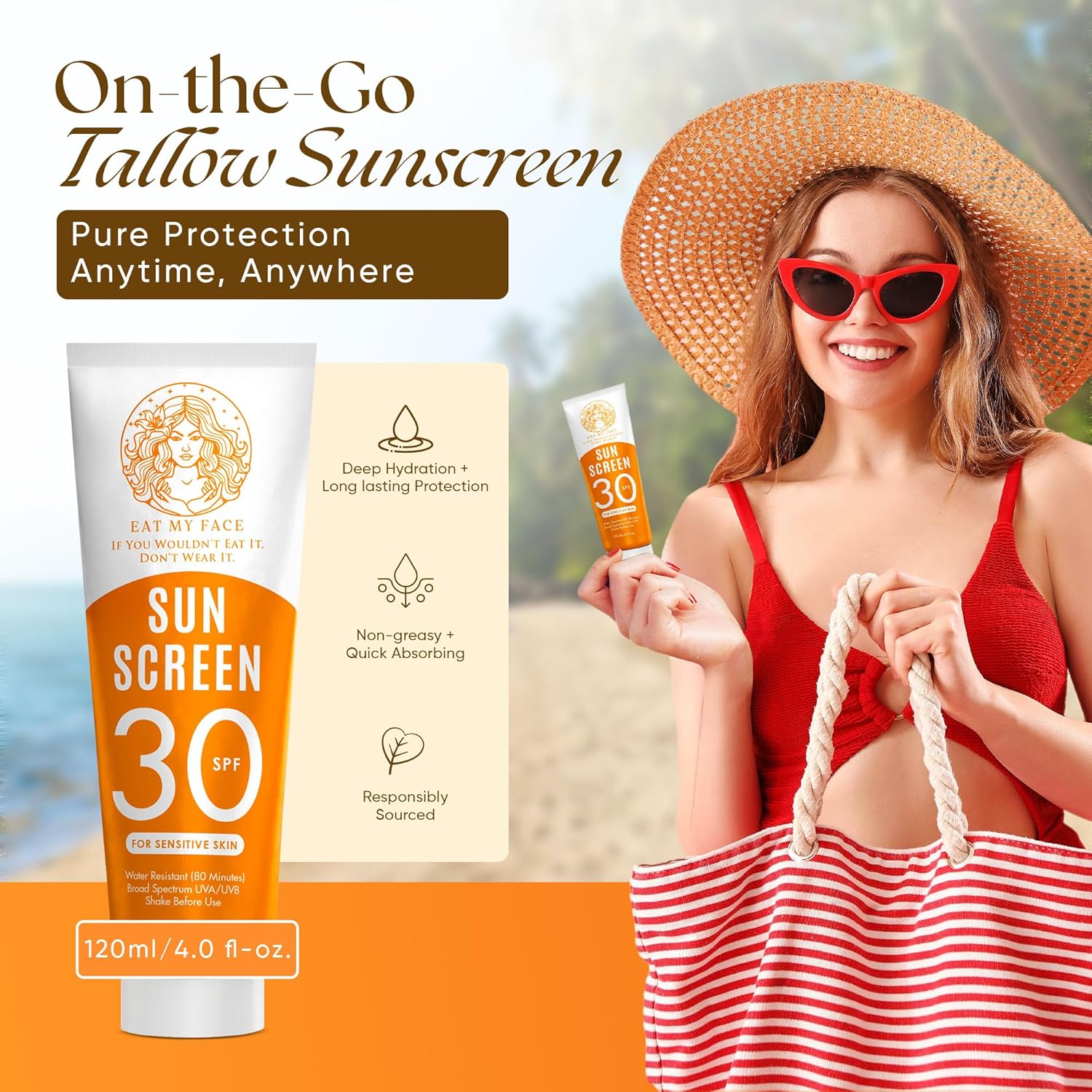 Woman in a sun hat and sunglasses holding sunscreen with product packaging and text about tallow sunscreen.