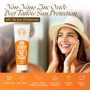 Woman applying sunscreen with a tube of sunscreen labeled SPF 30 on an orange background.