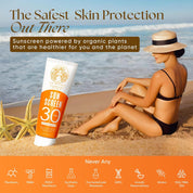Woman on a beach with a sunscreen tube, ocean in the background, and text about organic plant-based sunscreen.