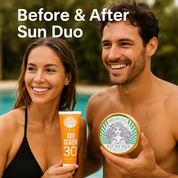 Two people holding sunscreen and a face balm with text 'Before & After Sun Duo'.