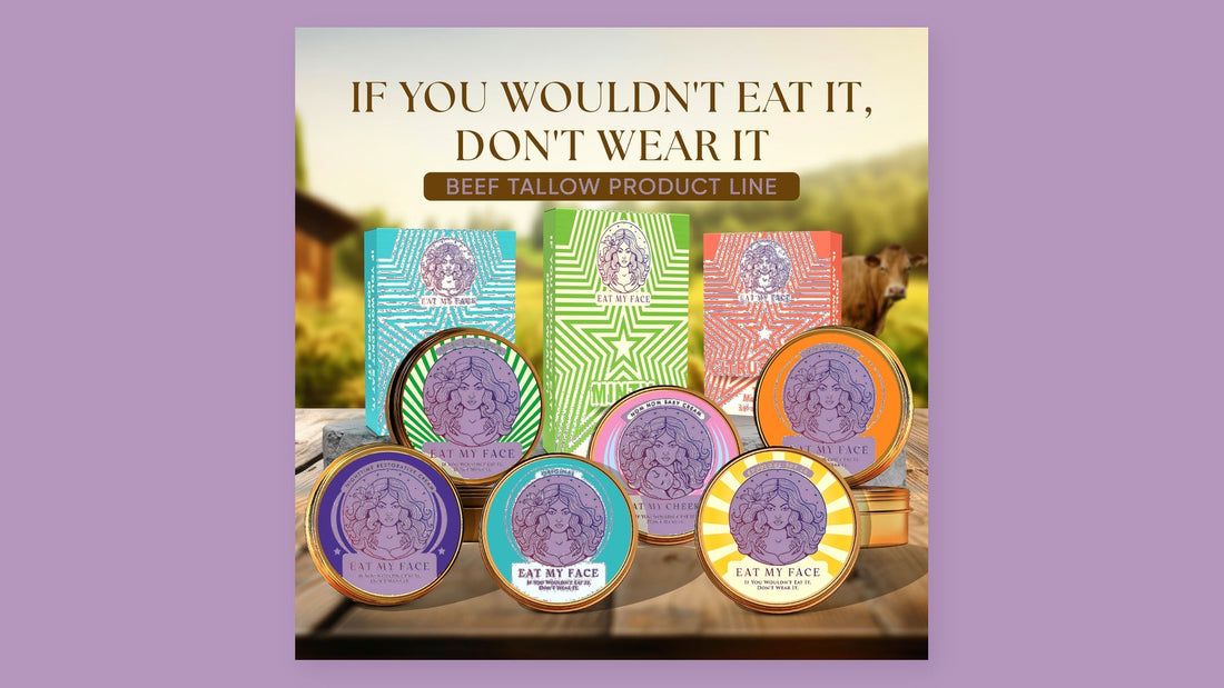 Eat My Face full product line laid out — moisturizers, soaps, and sunscreen