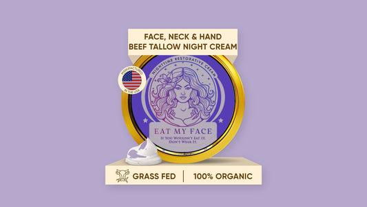 Eat My Face Nighttime Restorative Cream tin on a deep purple branded background