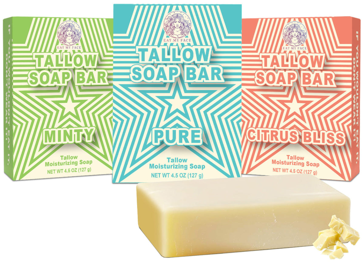 science of tallow soap benefits shown with tallow soap bar packaging in minty, pure, and citrus bliss scents