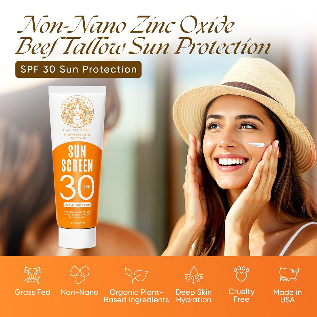 reef-safe sunscreen label guide showing non-nano zinc oxide SPF 30 sunscreen tube and woman applying sun protection