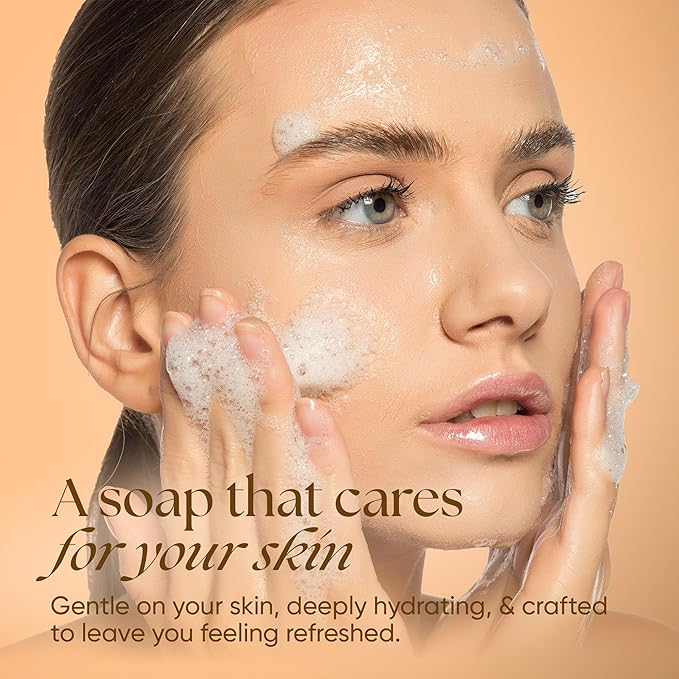 Model applying hydrating facial cleanser foam, edible skincare feeding your skin from the inside out clean beauty soap care