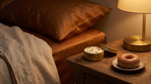 Open gold tin of whipped tallow night cream beside a glazed donut on a nightstand — a slug is a film, not frosting