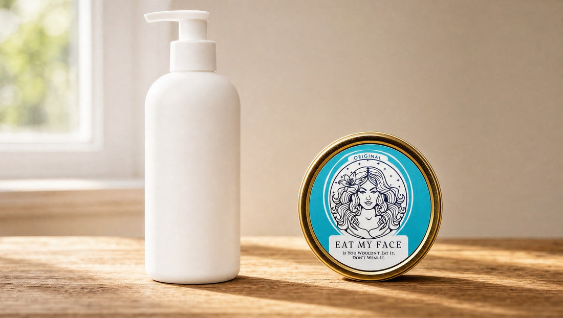 A plain lotion pump bottle next to the Eat My Face Original tallow tin on a kitchen counter