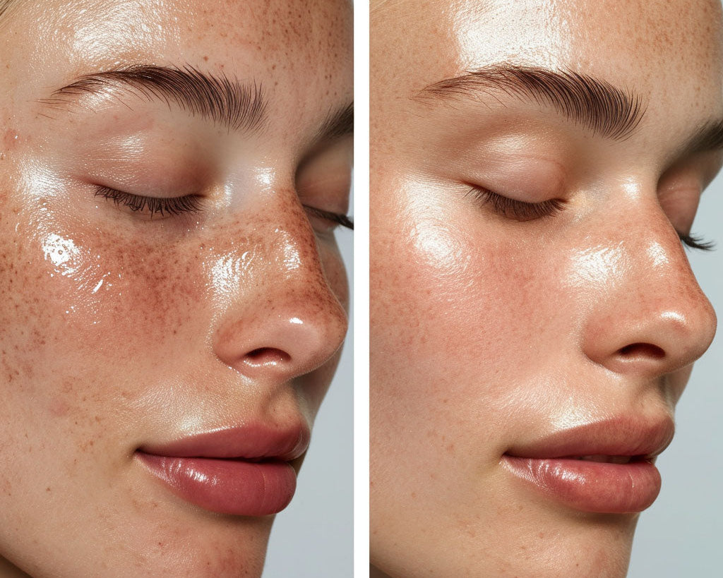 Alt Tag: Before and after glowing complexion using grass-fed beef tallow for skin benefits on face, showing smoother, hydrated skin