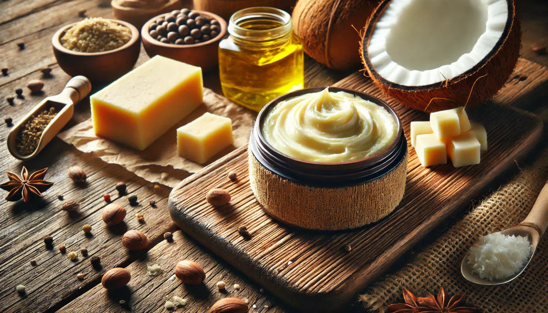 Alt Tag: edible beauty skincare clean natural ingredients with coconut oil, shea butter cream jar, soap bars and spices on rustic table
