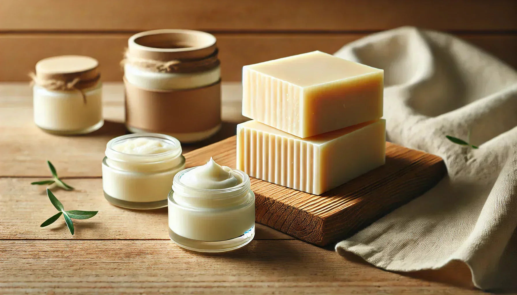 beef tallow for face comparison: tallow balm in jars beside stacked tallow soap bars on rustic wooden table