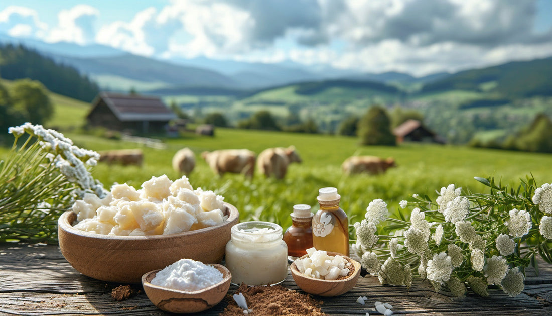 Is beef tallow good for skin? Beef tallow balm and jars on rustic table with grazing cows and mountain pasture in background