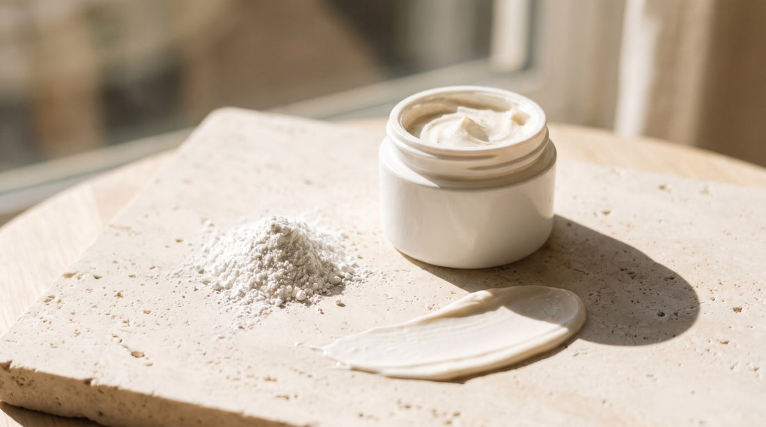 An open jar of white mineral sunscreen cream beside a small heap of zinc oxide powder on pale stone in bright sunlight