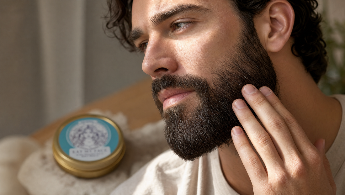Man working Eat My Face Original tallow cream into his beard — best tallow beard cream