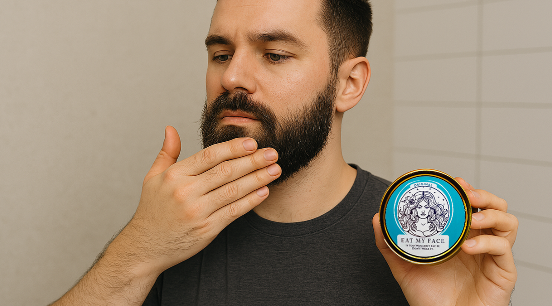 Man applying beard balm, holding tin, demonstrating beef tallow for beard growth routine