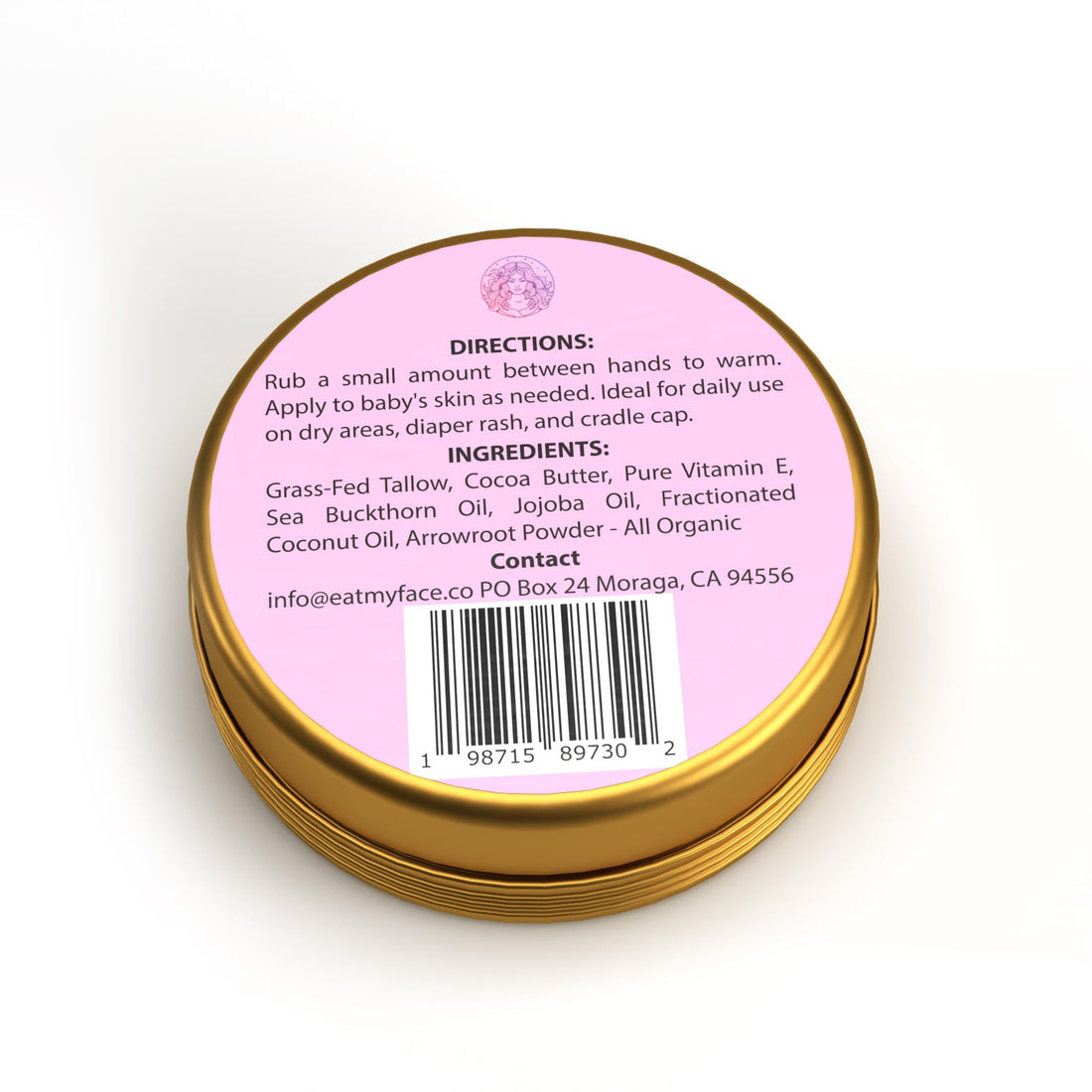 Back label of Eat My Face tallow cream showing the full ingredient list — read the label before use if you have allergies
