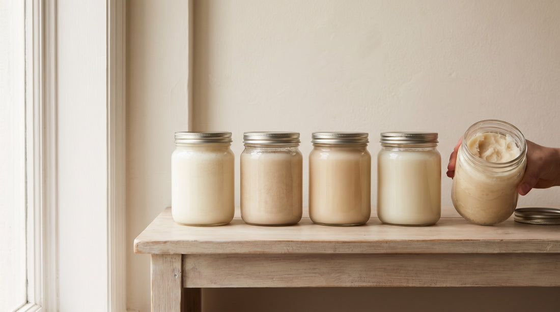 Five unlabelled glass jars of white tallow in slightly different shades lined up on a wooden shelf