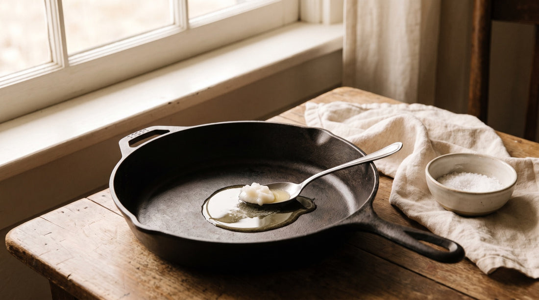 A spoonful of white beef tallow melting into a clear golden pool in a cast-iron skillet