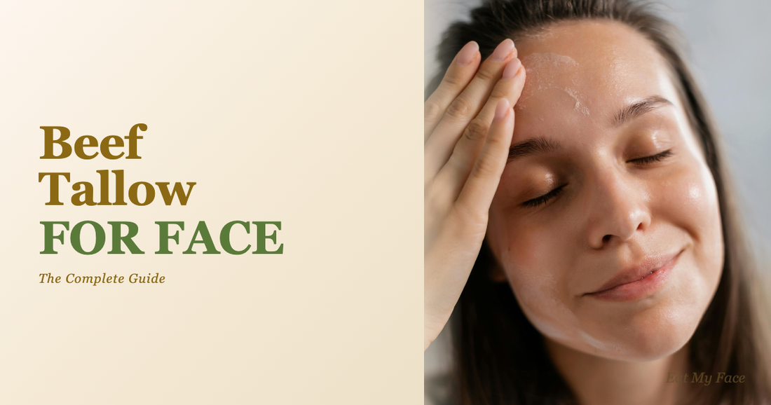 Beef tallow for face - woman applying natural tallow moisturizer with text overlay