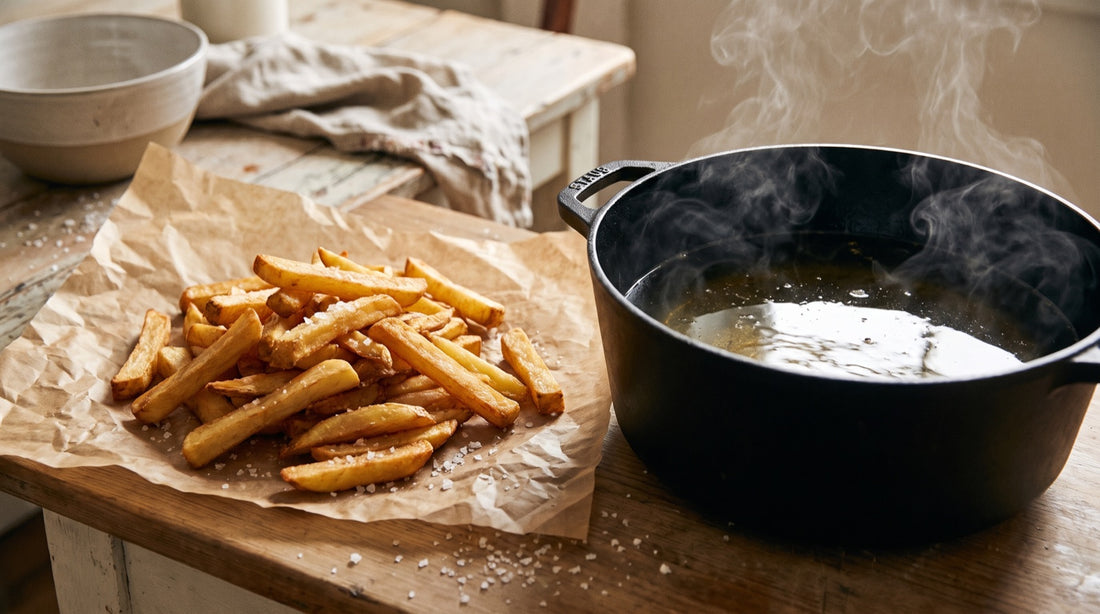 Golden hand-cut fries draining on parchment beside a cast-iron pot of hot fat