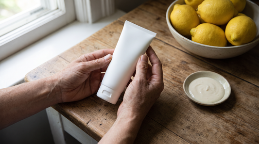 A person holding a plain unlabeled sunscreen tube at a kitchen counter beside a bowl of lemons and a dish of cream