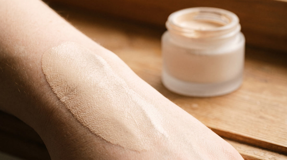 Macro detail of mineral sunscreen blended to a soft matte finish on skin, with no shine