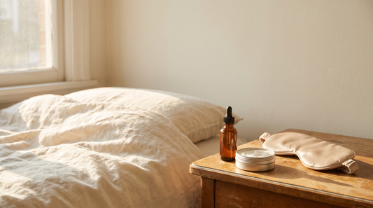 Amber serum bottle and an open tin of mineral cream on a bedside table at sunrise, sunscreen for retinol users