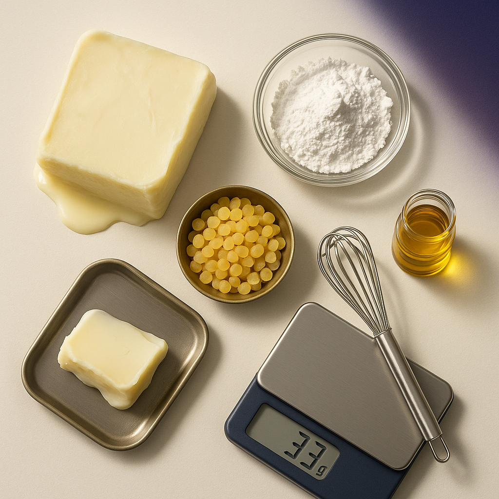 Overhead flat-lay of tallow sunscreen recipe ingredients: grass-fed tallow, non-nano zinc oxide powder, beeswax pellets, jojoba oil, and a digital kitchen scale on an off-white background.