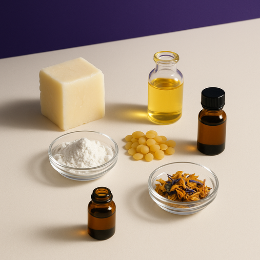 Editorial still life of the six ingredients that belong in a genuinely clean mineral sunscreen — grass-fed tallow, non-nano zinc oxide, beeswax, jojoba oil, vitamin E, and dried botanicals — arranged against a deep purple and off-white backdrop.