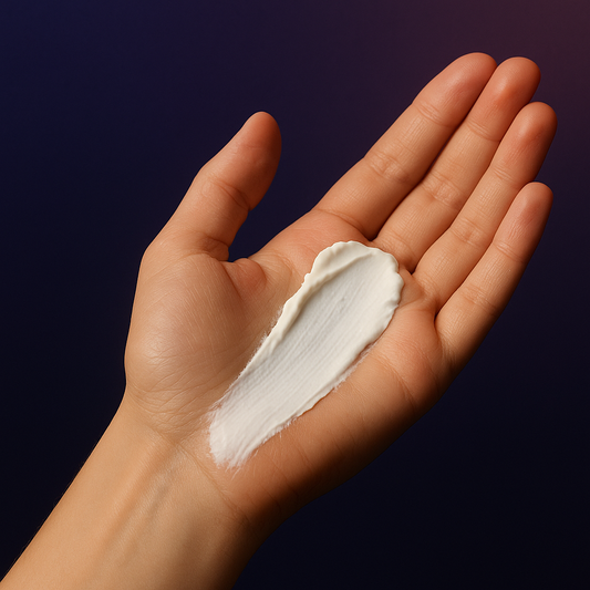 A hand with a generous swipe of pure white mineral tallow sunscreen against a deep-purple and indigo gradient background, showing the creamy texture on real skin.