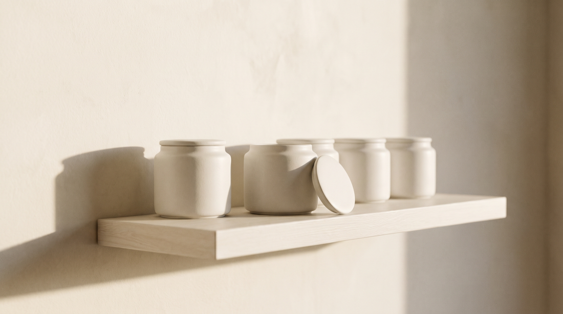 Five plain unlabelled white jars on a shelf, one open, what clean skin care labels actually tell you