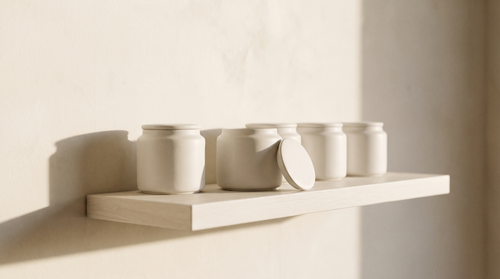 Five plain unlabelled white jars on a shelf, one open, what clean skin care labels actually tell you