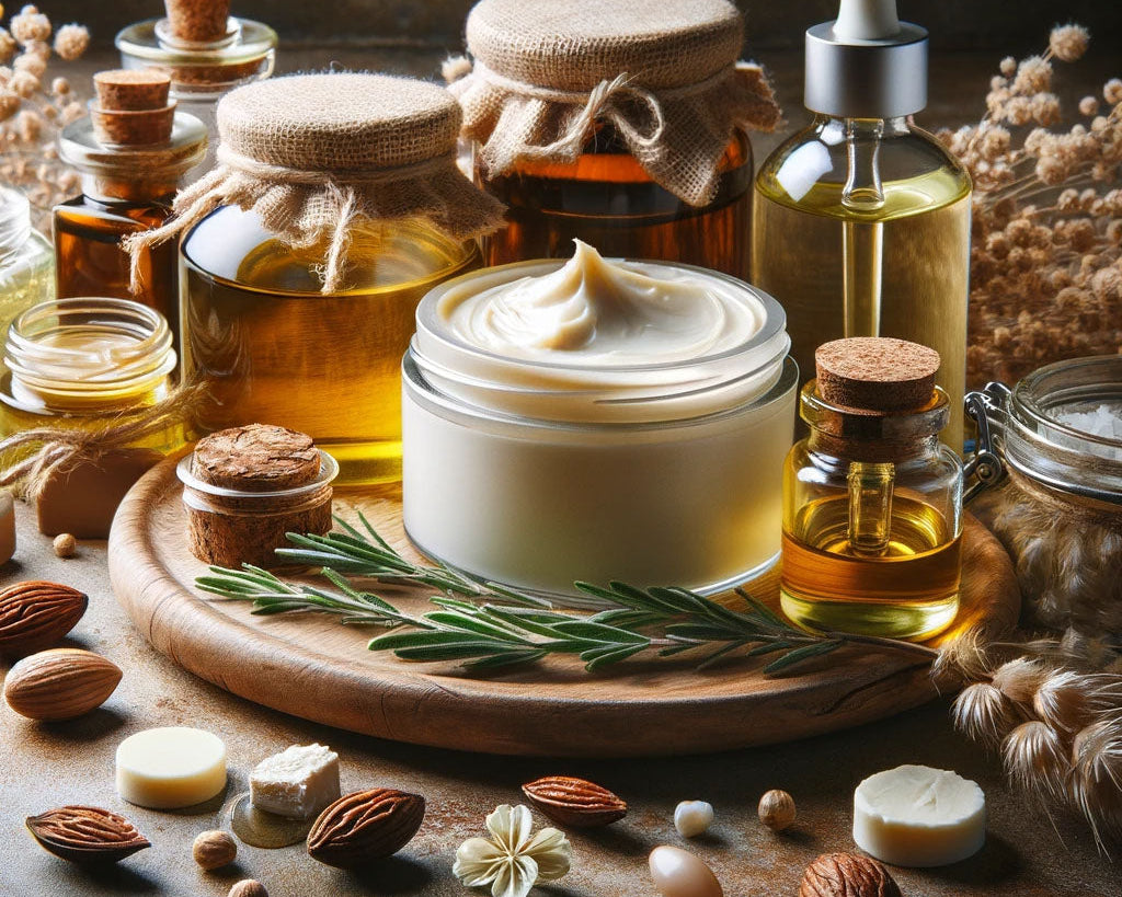 how to choose the best natural moisturizer checklist with organic face cream jar and botanical oils on wooden tray