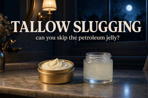 Tallow slugging — open gold tin of whipped tallow next to an unlabeled jar of petroleum jelly on a moonlit bathroom counter