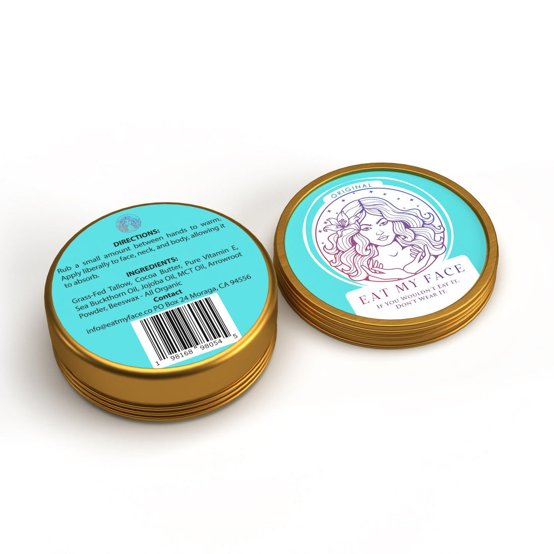 Closed tin of Eat My Face Original grass-fed beef tallow moisturizer — shelf-stable tallow skincare that resists going rancid