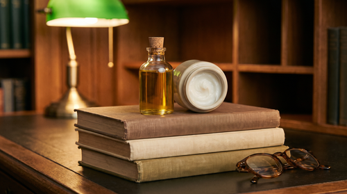 A bottle of golden emu oil and a jar of balm on a stack of old books, what the research shows about emu oil benefits
