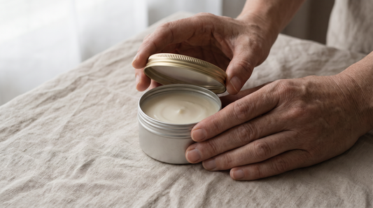 Close-up of hands opening a plain gold-rimmed tin of pale cream on a linen cloth, a sprig of nothing scented nearby, soft daylight