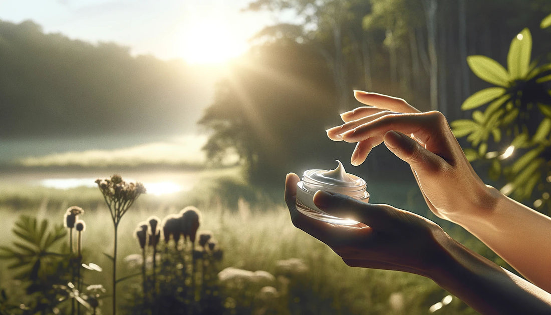 tallow skincare benefits illustrated by hands applying balm from jar in sunlit nature setting