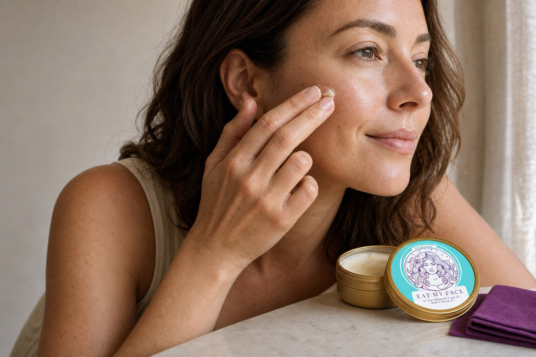 Beef tallow moisturizer applied to face — texture closeup