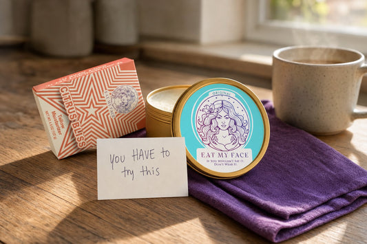 Eat My Face Original tallow tin and Citrus Bliss tallow soap on a kitchen table with a handwritten note reading 'you HAVE to try this'