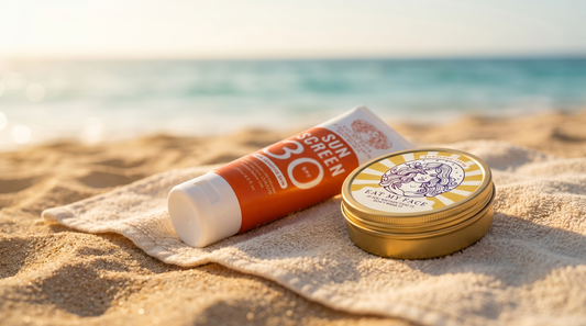 Eat My Face SPF 30 tallow mineral sunscreen tin and tube on a beach towel at golden hour
