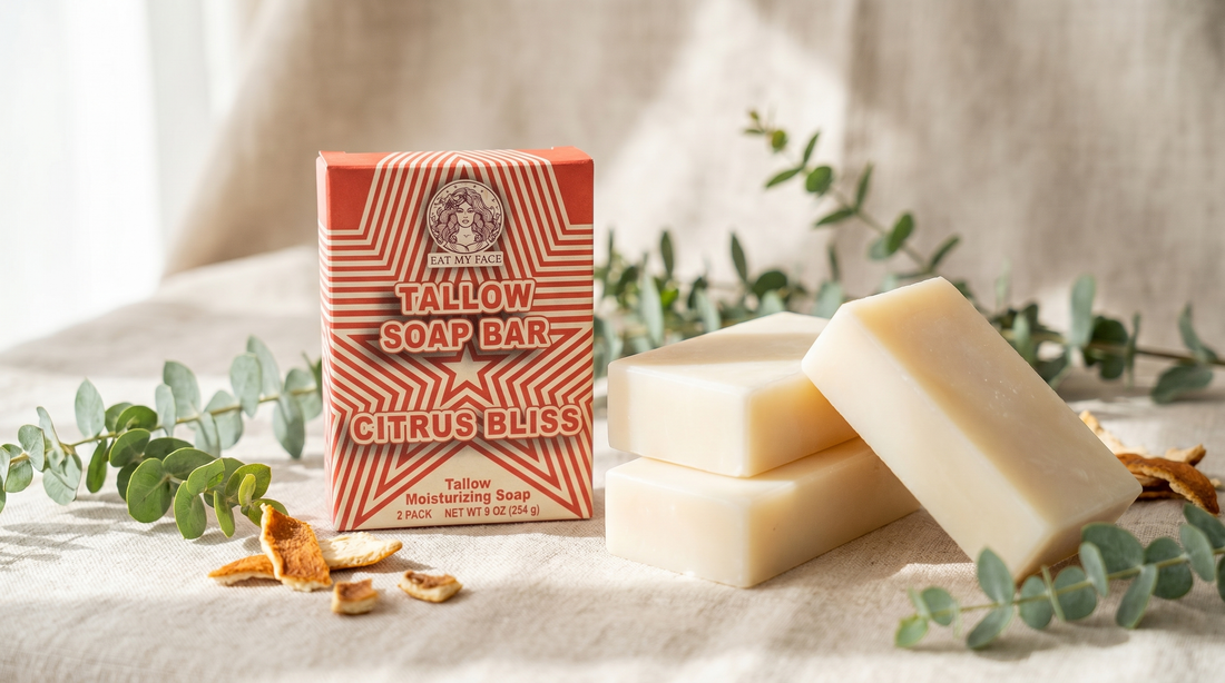 Eat My Face Citrus Bliss tallow soap bar box with three freshly cut cream-colored tallow soap bars, eucalyptus and dried citrus on warm linen