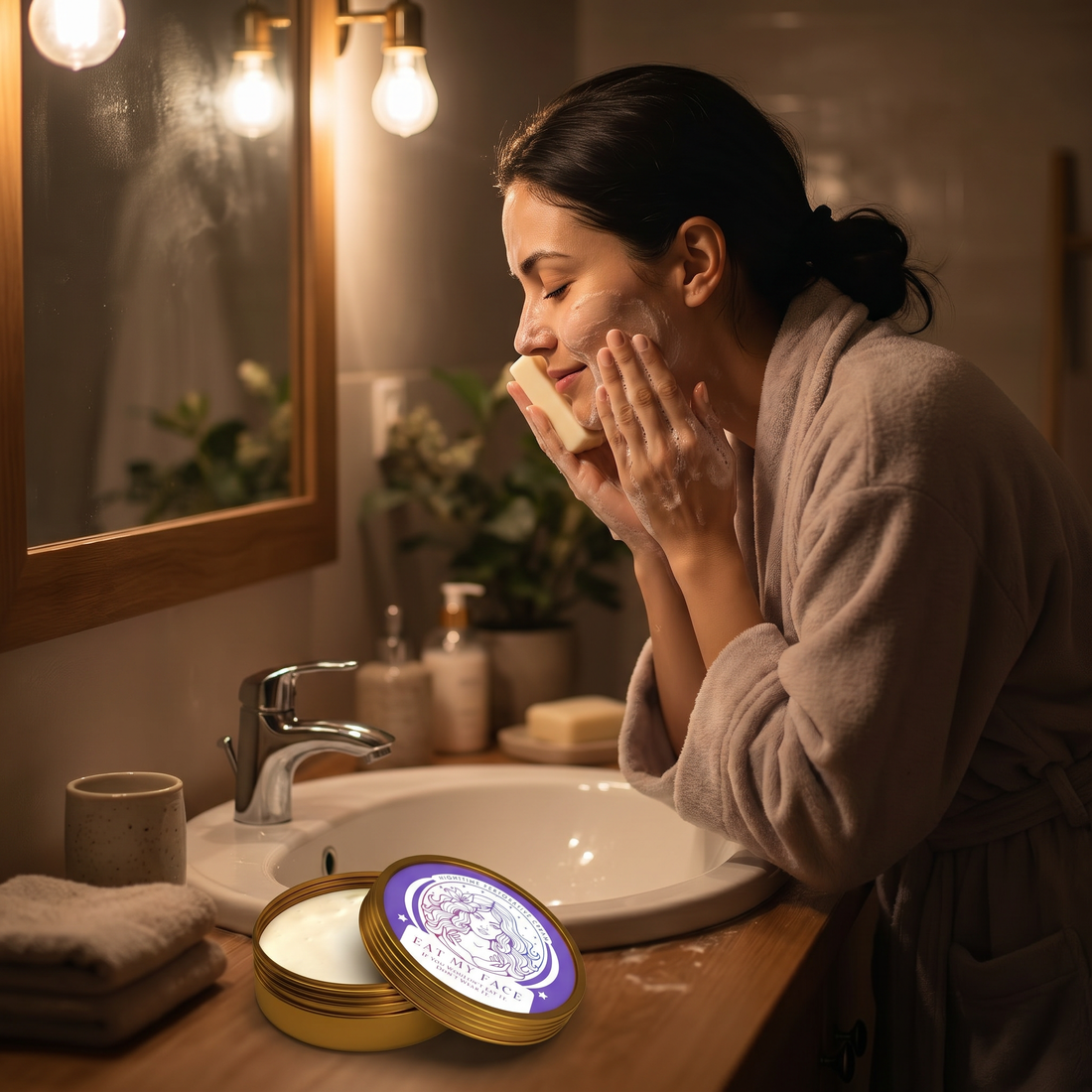 Woman washing her face with an Eat My Face unscented tallow soap bar in a warm bathroom at night, with the gold Nighttime Restorative Cream tin open on the counter